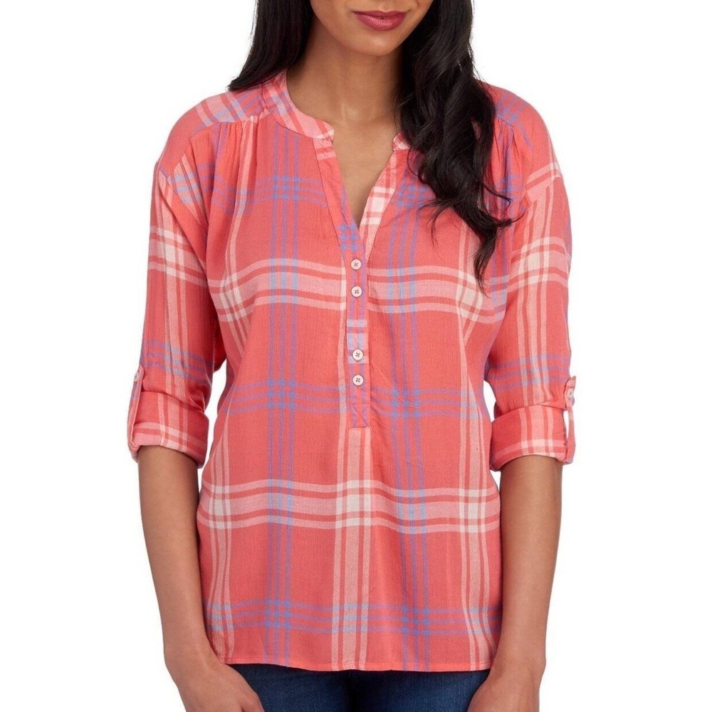 (A53) Nine West Georgia Iconic Plaid High Low Long Sleeve Top in Pink - Size XL
